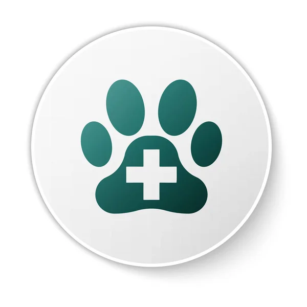 Green Veterinary clinic symbol icon isolated on white background. Cross hospital sign. A stylized paw print dog or cat. Pet First Aid sign. White circle button. Vector Illustration