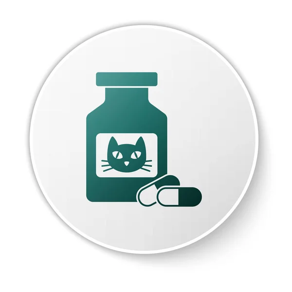 Zielony kot medycyna butelka i pigułki ikona na białym tle. Pojemnik z pigułek. Lek na receptę dla zwierząt. Przycisk biały okrąg. Ilustracja wektorowa — Wektor stockowy
