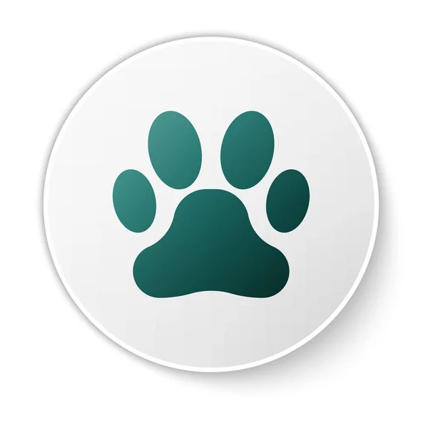 Ícone de impressão Green Paw isolado no fundo branco. Impressão de pata de cão ou gato. Pista animal. Botão de círculo branco. Ilustração vetorial — Vetor de Stock