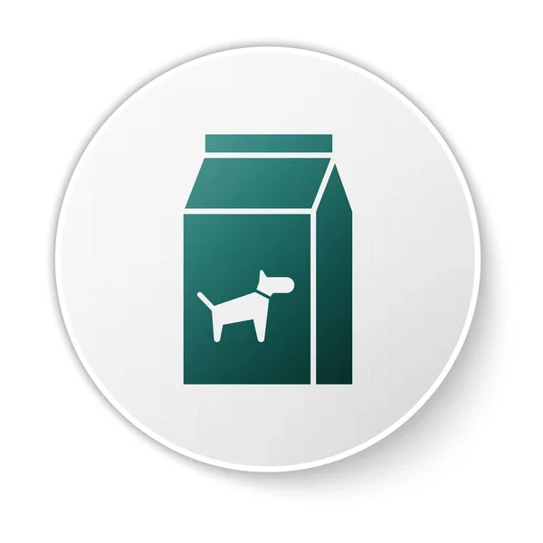 Zielona torba z żywnością dla psa ikona na białym tle. Pokarm dla zwierząt. Pakiet karmy dla zwierząt domowych. Przycisk biały okrąg. Ilustracja wektorowa — Wektor stockowy