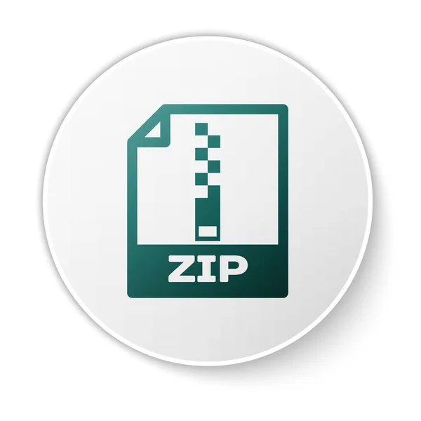 Grüne Zip-Datei Dokument-Symbol. herunterladen Zip-Taste Symbol isoliert auf weißem Hintergrund. Zip-Dateisymbol. weißer Kreis-Knopf. Vektorillustration — Stockvektor