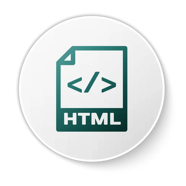 绿色 Html 文件文档图标。下载在白色背景上隔离的 html 按钮图标。Html 文件符号。标记语言符号。白色圆圈按钮。矢量插图 — 图库矢量图片