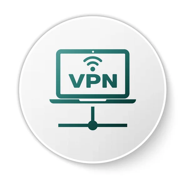 Green VPN Icono de red informática aislado sobre fondo blanco. Red de computadoras portátiles. Conexión a Internet. Botón círculo blanco. Ilustración vectorial — Vector de stock
