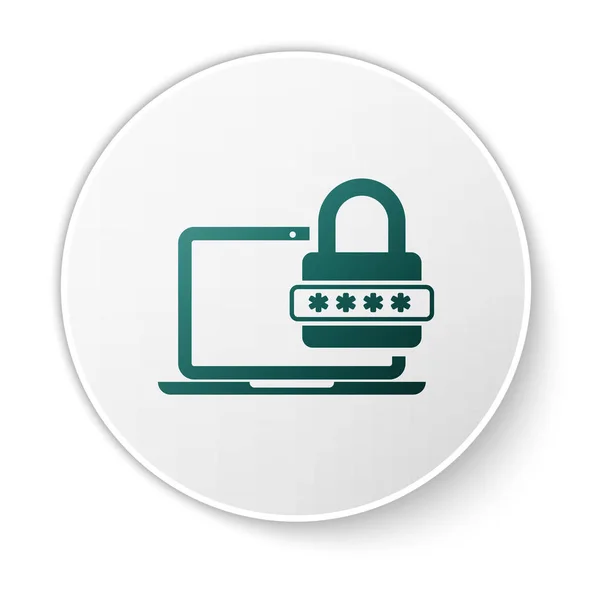 Laptop verde com notificação de senha e ícone de bloqueio isolado no fundo branco. Conceito de segurança, acesso pessoal, autorização do usuário, formulário de login. Botão de círculo branco. Ilustração vetorial — Vetor de Stock