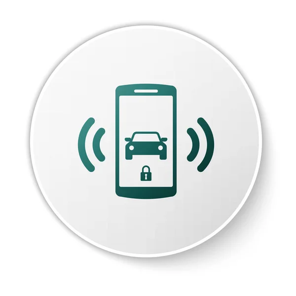 Icono del sistema de alarma Green Smart coche aislado sobre fondo blanco. El teléfono inteligente controla la seguridad del coche en el inalámbrico. Botón círculo blanco. Ilustración vectorial — Archivo Imágenes Vectoriales