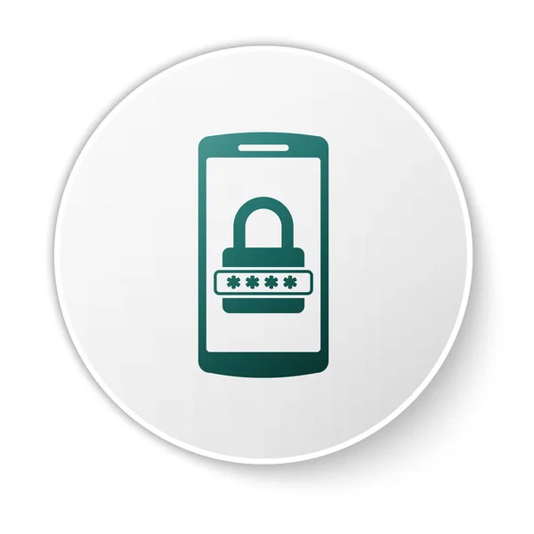绿色手机和密码保护图标隔离在白色背景上。安全、安全、个人访问、用户授权、隐私。白色圆圈按钮。矢量插图 — 图库矢量图片