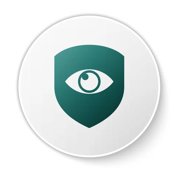 绿色盾牌和眼睛图标隔离在白色背景上。安全、安全、保护、隐私理念。白色圆圈按钮。矢量插图 — 图库矢量图片