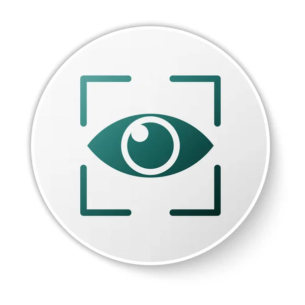 Green Eye scan icon isolated on white background. Scanning eye. Security check symbol. Cyber eye sign. White circle button. Vector Illustration — Stock Vector