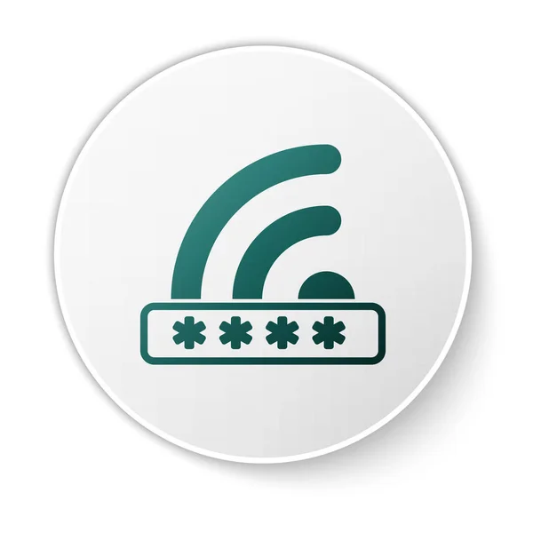 Grön WiFi låst skylt isolerad på vit bakgrund. Lösenord Wi-Fi-symbol. Ikonen för trådlöst nätverk. WiFi-zon. Begränsad åtkomst. Vit cirkel knapp. Vektor illustration — Stock vektor