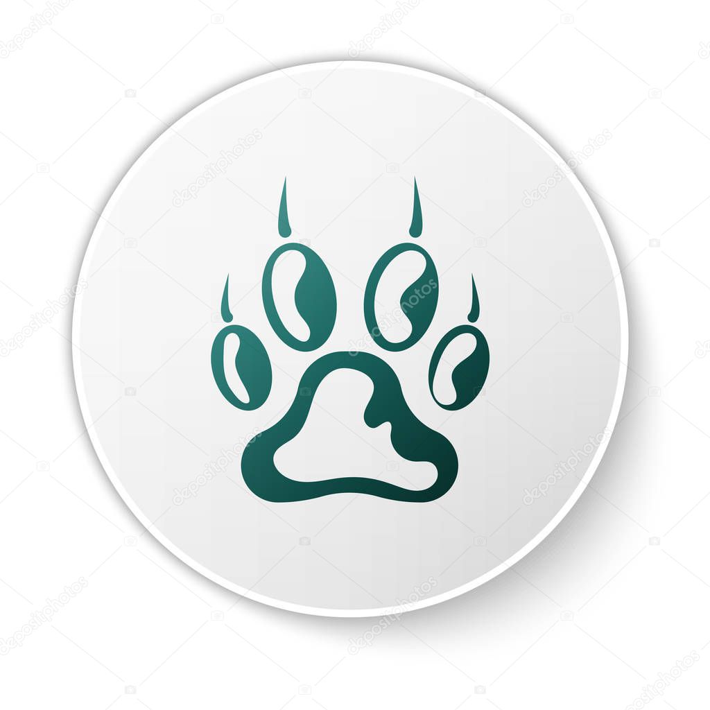 Green Paw print icon isolated on white background. Dog or cat paw print. Animal track. White circle button. Vector Illustration
