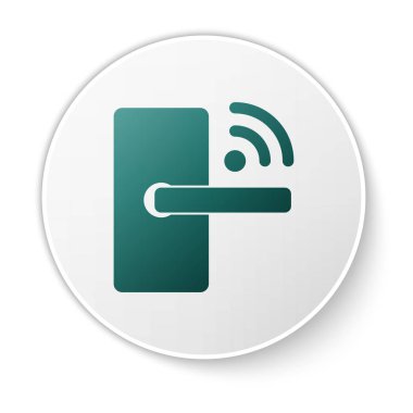 Beyaz arka planda yalıtılmış simge kilidini açmak için kablosuz teknolojiye sahip Yeşil Dijital kapı kilidi. Kapı kolu işareti. Kavramın güvenlik akıllı ev. Beyaz daire düğmesi. Vektör İllüstrasyonu