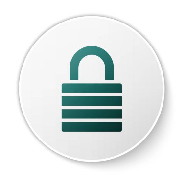 Yeşil Kilit simgesi beyaz arka planda yalıtılmış. Asma kilit işareti. Güvenlik, güvenlik, koruma, gizlilik kavramı. Beyaz daire düğmesi. Vektör İllüstrasyonu