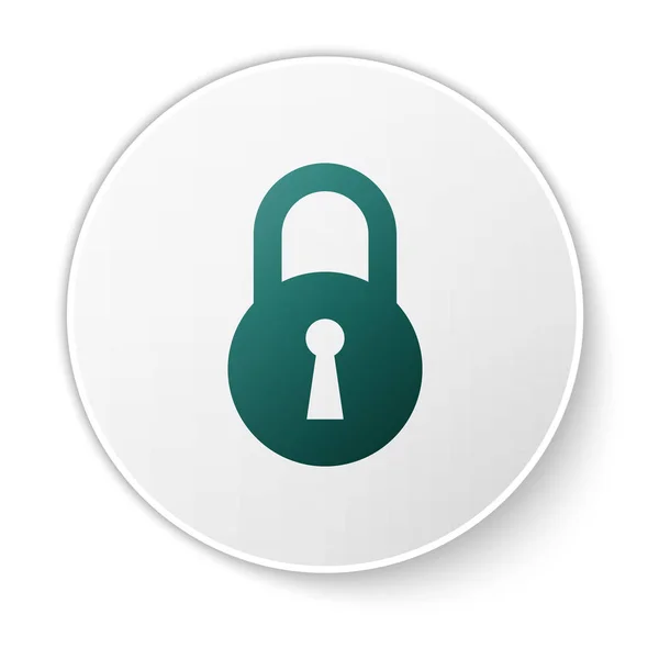Zielona ikona kłódki na białym tle. Znak kłódki. Bezpieczeństwo, bezpieczeństwo, ochrona, koncepcja prywatności. Przycisk biały okrąg. Ilustracja wektorowa — Wektor stockowy