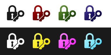 Kilit ve anahtar simgesini siyah beyaz arka planda yalıtılmış olarak ayarlayın. Asma kilit işareti. Güvenlik, güvenlik, koruma, gizlilik kavramı. Vektör İllüstrasyonu