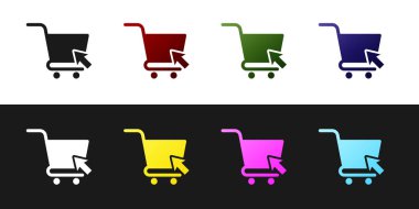 Alışveriş sepetini siyah beyaz arka planda yalıtılmış imleç simgesiyle ayarlayın. Online satın alma konsepti. Teslimat hizmeti işareti. Süpermarket sepeti sembolü. Vektör İllüstrasyonu