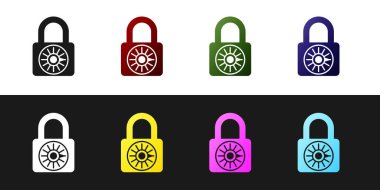 Siyah beyaz arka planda yalıtılmış Güvenli kombinasyon kilidi simgesini ayarlayın. Kombinasyon asma kilidi. Güvenlik, güvenlik, koruma, şifre, gizlilik kavramı. Vektör İllüstrasyonu