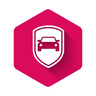 Beyaz araba koruması ya da uzun gölgeli bir sigorta ikonu. Araba koruma kalkanını koru. Güvenlik rozeti ikonu. Otomatik güvenlik etiketi. Pembe altıgen düğmesi. Vektör İllüstrasyonu