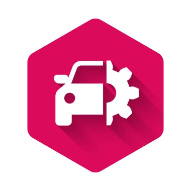 Beyaz Araba servisi simgesi uzun gölgeli izole edildi. Otomobil tamircisi. Tamirci servisi. Tamirci oto tamircisi. Bakım tabelası. Pembe altıgen düğmesi. Vektör İllüstrasyonu