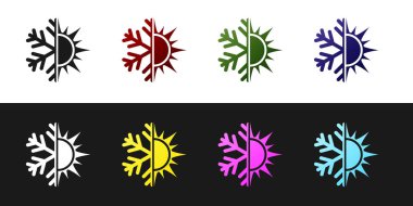 Sıcak ve soğuk sembolü ayarlayın. Güneş ve kar tanesi simgesi siyah ve beyaz arka plan üzerinde izole. Kış ve yaz sembolü. Vektör İllüstrasyonu