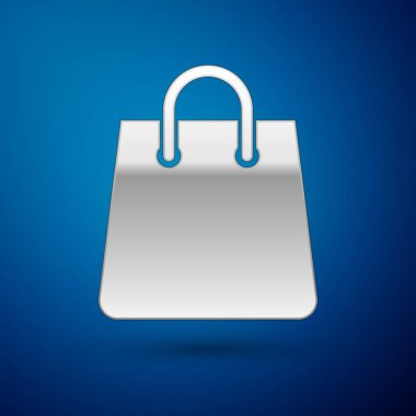 Gümüş Çanta simgesi mavi arka plan üzerinde izole. Shoping çanta işareti. Kadın çantası simgesi. Kadın çanta tabelası. Glamour rahat bagaj. Vektör İllüstrasyonu
