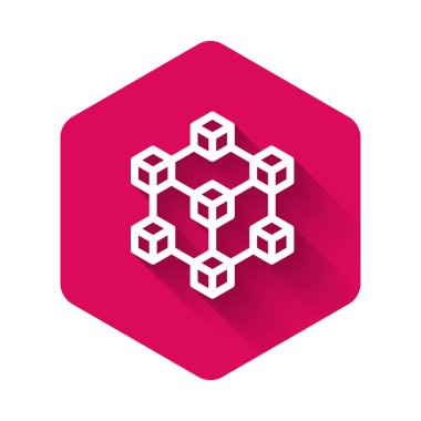 Beyaz engelleme teknolojisi ikonu uzun gölgeli izole edilmiş. Kripto para birimi veri imzası. Soyut geometrik blok zincir ağ teknolojisi işi. Pembe altıgen düğmesi. Vektör İllüstrasyonu