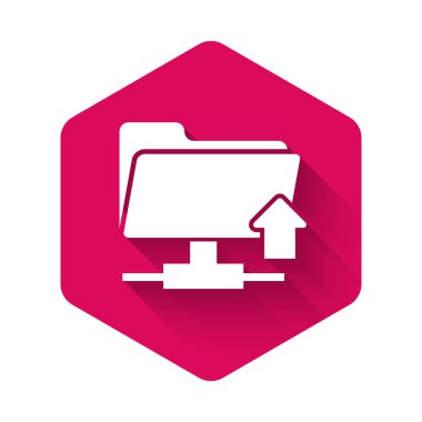 Beyaz Ftp dizin yükleme simgesi uzun gölgeli izole edildi. Yazılım güncelleme, transfer protokolü, yönlendirici, takım çalışması araç yönetimi, kopyalama süreci kavramı. Pembe altıgen düğmesi. Vektör İllüstrasyonu