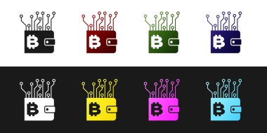 Siyah beyaz arka planda yalıtılmış Cryptocurrency cüzdan simgesini ayarlayın. Cüzdan ve bitcoin işareti. Madencilik konsepti. Para, ödeme, nakit, ödeme simgesi. Vektör İllüstrasyonu