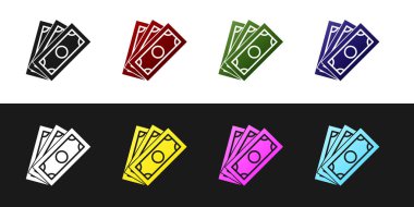 Stacks kağıt para para ikonu siyah beyaz arka plan izole. Para desteleri. Para birimi. Vektör İllüstrasyonu