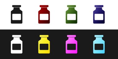 Tıp şişe simgesini siyah beyaz arka planda yalıtılmış olarak ayarlayın. Şişe hapı işareti. Eczane tasarımı. Vektör İllüstrasyonu