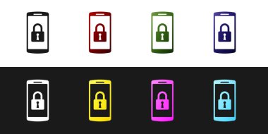 Akıllı Telefon'u siyah beyaz arka planda yalıtılmış kapalı asma kilit simgesiyle ayarlayın. Kilitli telefon. Mobil güvenlik, güvenlik, koruma konsepti. Vektör İllüstrasyonu