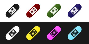 Siyah beyaz arka plan üzerinde izole Bandaj alçı simgesi ayarlayın. Tıbbi alçı, yapışkan bandaj, esnek kumaş bandajı. Vektör İllüstrasyonu