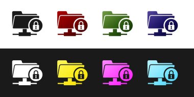 Ftp klasörünü ve kilit simgesini siyah beyaz arka planda yalıtılmış olarak ayarlayın. Yazılım güncelleme kavramı, ftp transfer protokolü. Güvenlik, güvenlik, koruma konsepti. Vektör İllüstrasyonu