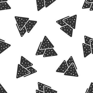 Gri Nachos simgesi beyaz arka plan üzerinde izole dikişsiz desen. Tortilla cipsi veya nachos tortilla. Geleneksel Meksika fast food'u. Vektör İllüstrasyonu
