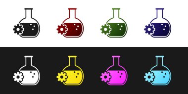 Biyomühendislik simgesini siyah beyaz arka planda yalıtılmış olarak ayarlayın. Genetik ve biyomühendislik simgesinin unsuru. Biyoloji, molekül, kimyasal ikon. Vektör İllüstrasyonu