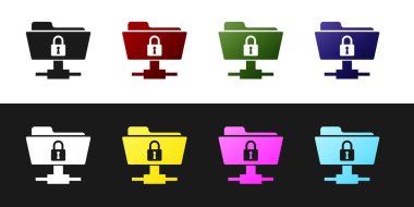 Ftp klasörünü ve kilit simgesini siyah beyaz arka planda yalıtılmış olarak ayarlayın. Yazılım güncelleme kavramı, ftp transfer protokolü. Güvenlik, güvenlik, koruma konsepti. Vektör İllüstrasyonu