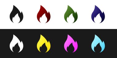 Siyah beyaz arka planda yalıtılmış Yangın alev simgesini ayarlayın. Isı sembolü. Vektör İllüstrasyonu
