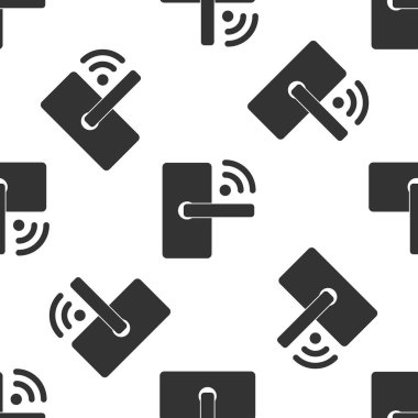 Beyaz arka plan üzerinde izole edilmiş simge kilidini açmak için kablosuz teknolojiye sahip Gri Dijital kapı kilidi. Kapı kolu işareti. Kavramın güvenlik akıllı ev. Vektör İllüstrasyonu