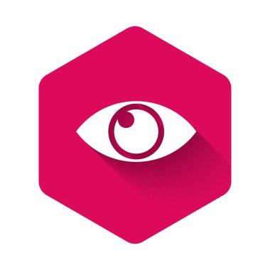 Beyaz Göz simgesi uzun gölgeli. Pembe altıgen düğmesi. Vektör İllüstrasyonu