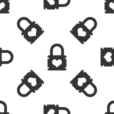 Beyaz arka plan üzerinde izole edilmiş kesintisiz desenli kalp simgesine sahip Gri Asma Kilit. Kilitli Kalp. Aşk sembolü ve anahtar deliği işareti. Vektör İllüstrasyonu