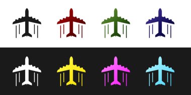 Düzlem simgesini siyah beyaz arka planda yalıtılmış olarak ayarlayın. Uçan uçak simgesi. Uçak işareti. Vektör İllüstrasyonu