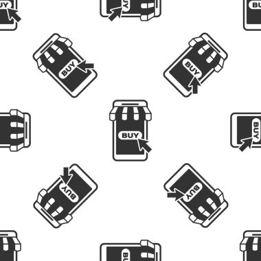 Çizgili tente simgesi beyaz arka plan üzerinde sorunsuz desen izole gri Cep telefonu ve alışveriş sepeti. Online satın alma sembolü. Süpermarket sepeti sembolü. Vektör İllüstrasyonu