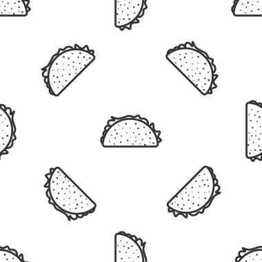 Tortilla simgesi ile Gri Taco beyaz arka plan üzerinde izole dikişsiz desen. Geleneksel Meksika fast food'u. Vektör İllüstrasyonu