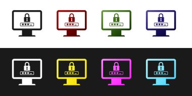 Monitör'ü siyah beyaz arka planda yalıtılmış parola bildirimi ve kilit simgesiyle ayarlayın. Güvenlik kavramı, kişisel erişim, kullanıcı yetkilendirme, giriş formu. Vektör İllüstrasyonu