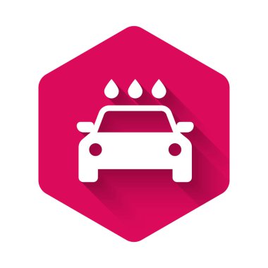 Uzun gölgeli beyaz araba yıkama ikonu. Araba yıkama ve su bulutu ikonu. Pembe altıgen düğmesi. Vektör İllüstrasyonu