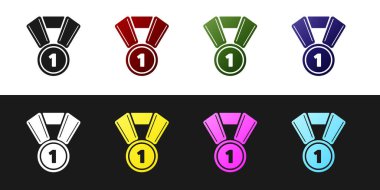 Siyah beyaz arka planda yalıtılmış Madalya simgesini ayarlayın. Kazanan sembolü. Vektör İllüstrasyonu