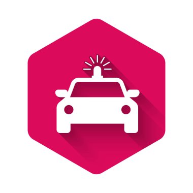 Beyaz polis arabası ve polis teşhircisi ikonu uzun gölgeli izole edilmiş. Acil durum sireni. Pembe altıgen düğmesi. Vektör İllüstrasyonu