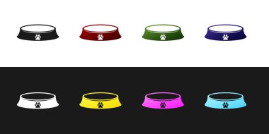 Siyah beyaz arka planda izole kedi veya köpek simgesi için Pet yemek kase ayarlayın. Köpek ya da kedi pençesi izi. Vektör İllüstrasyonu