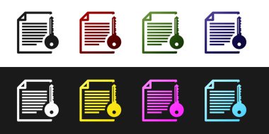 Akıllı sözleşme simgesini siyah beyaz arka planda yalıtılmış olarak ayarlayın. Blockchain teknolojisi, kripto para madenciliği, bitcoin, altcoins, dijital para piyasası. Vektör İllüstrasyonu