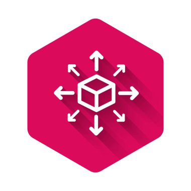 Beyaz Dağıtım simgesi uzun gölgeli izole edilmiş. İçerik dağıtım konsepti. Pembe altıgen düğmesi. Vektör İllüstrasyonu