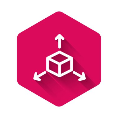 Uzun gölgeli beyaz Isome küp simgesi. Geometrik küp katı simge. 3D kare işareti. Kutu sembolü. Pembe altıgen düğmesi. Vektör İllüstrasyonu